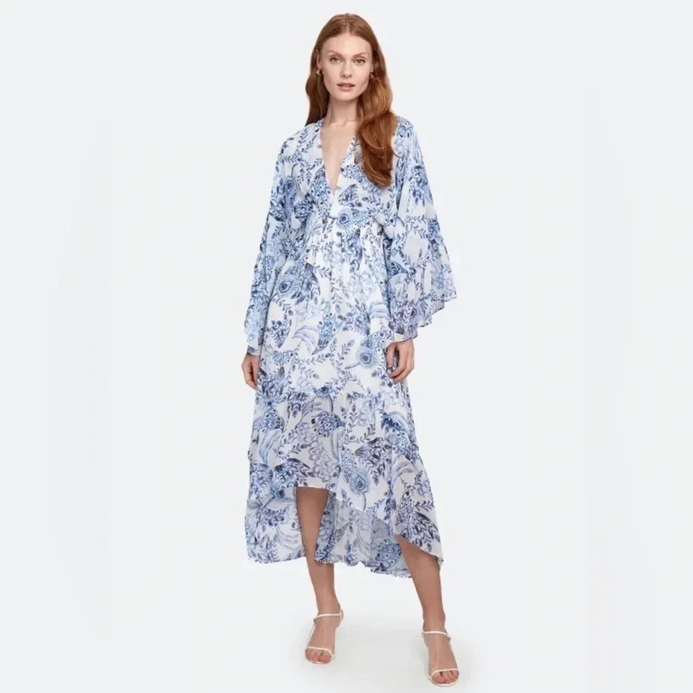 MISA Los Angeles Shadi Blue Floral Kimono Sleeve Chiffon Midi Dress L